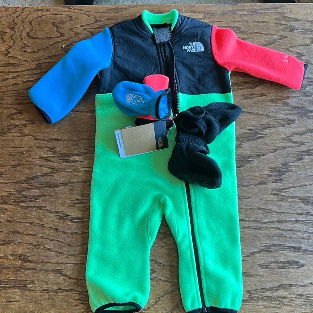 The North Face Denali  Green and Blue One Piece Footies Fleece Suit